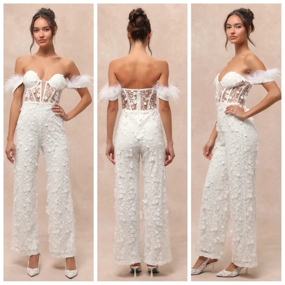 Lulus White Feather Bustier Embroidered Jumpsuit Bridal PartyLargeNWOT